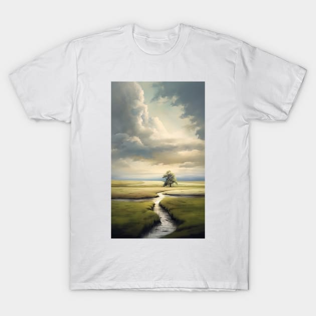 Tree by the creek of in green meadows and clouds about to rain ! T-Shirt by UmagineArts